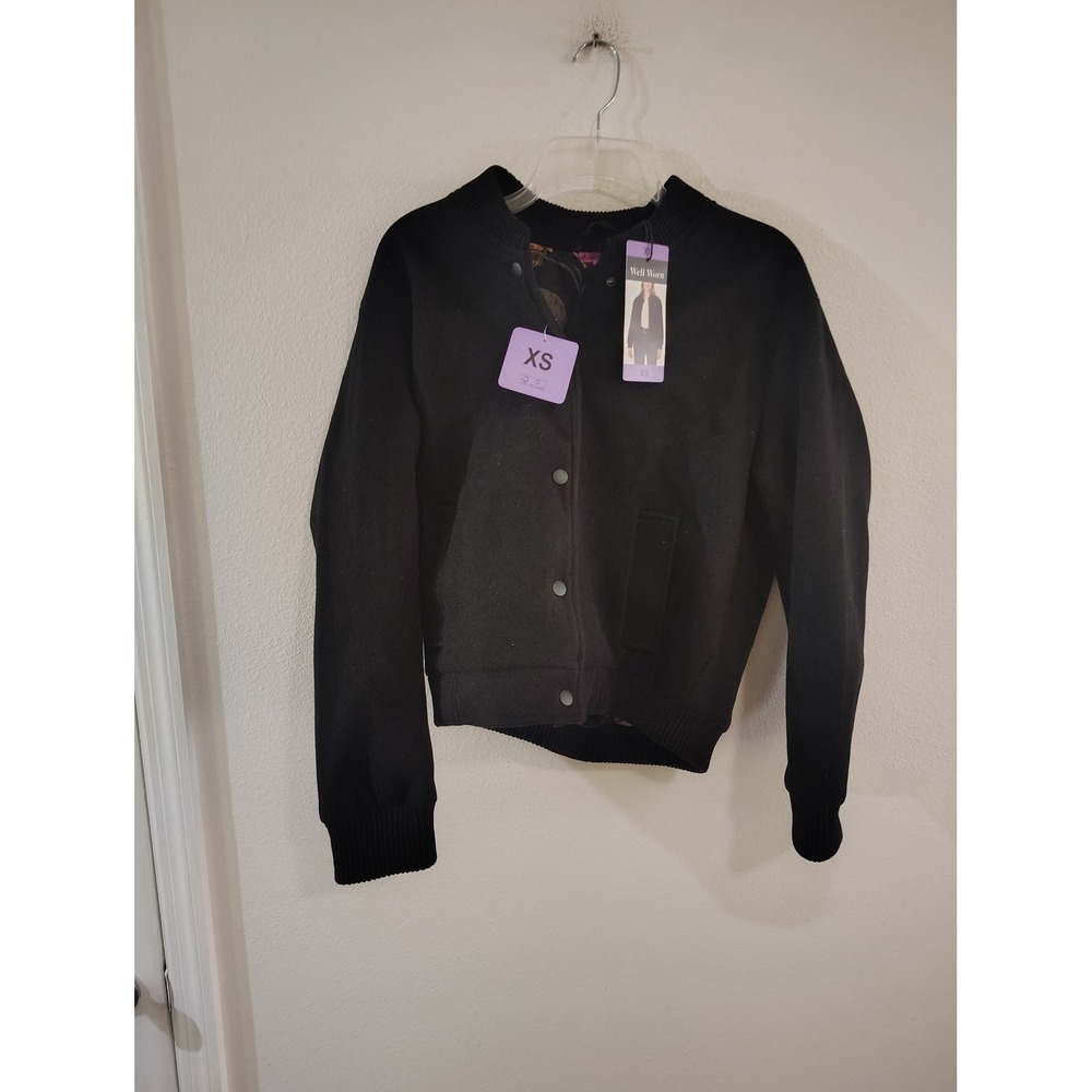 Well Worn Womens Black Bomber Jacket Floral Lined Snap Front XS New